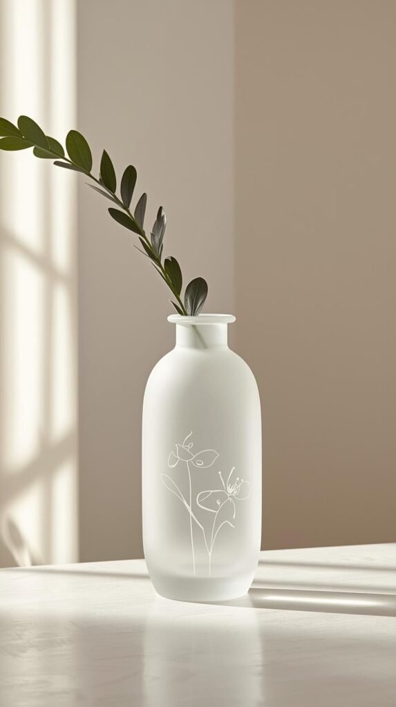 Minimalist frosted glass vase with etched design, clean modern lines, subtle light diffusion, styled with single stem, neutral modern interior