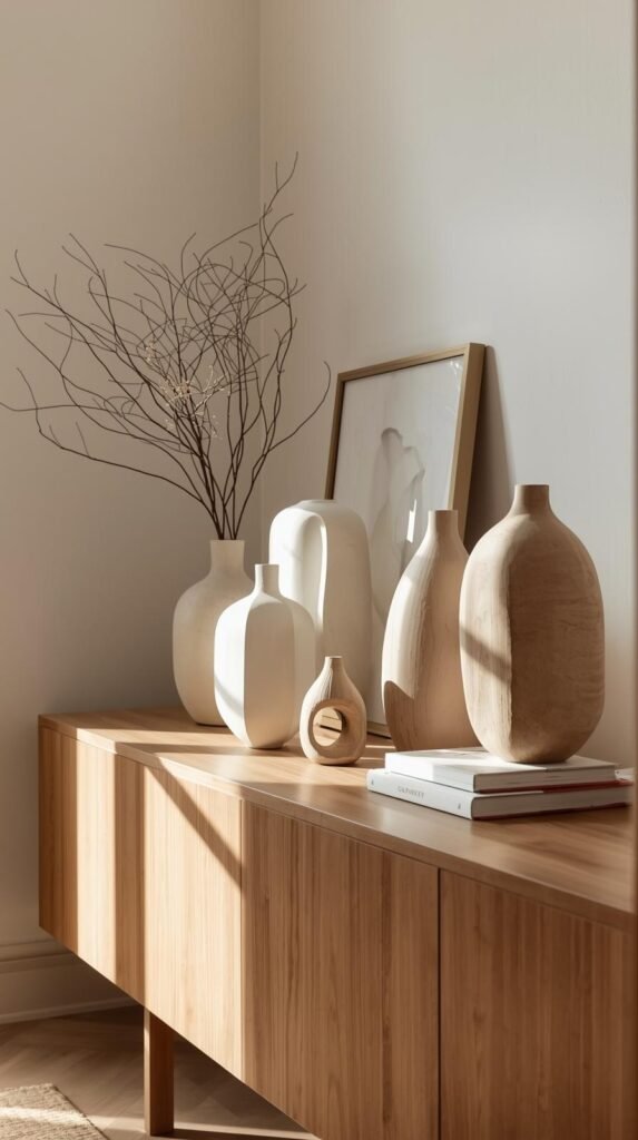 Minimalist shelf styling with sculptural ceramic vases in soft neutral tones. Abstract curved shapes, matte white and stone-textured finishes
