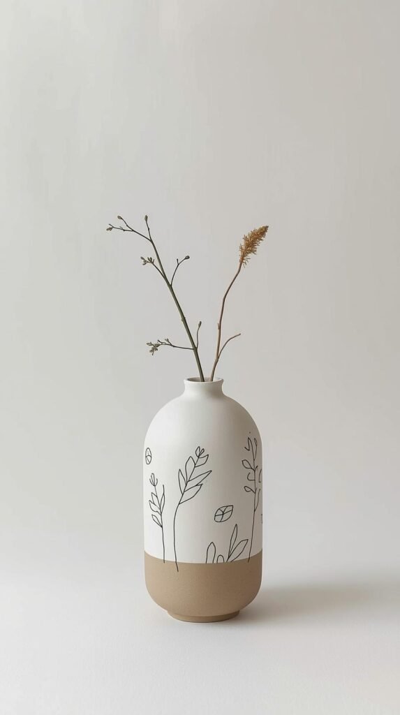 Minimalist vase featuring hand-drawn line art design, neutral matte base, modern graphic aesthetic.