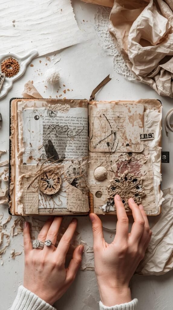 Mixed media art journal open with layered textures, paint, paper, and neutral pigments.