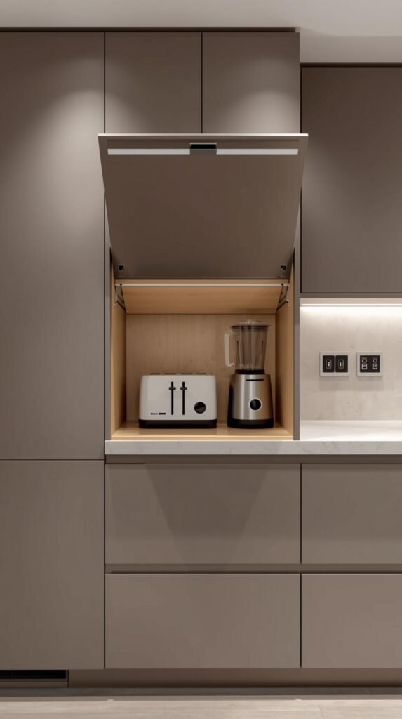 Modern appliance garage with a lift-up or roll-up door partially open, revealing toaster and blender stored neatly inside.