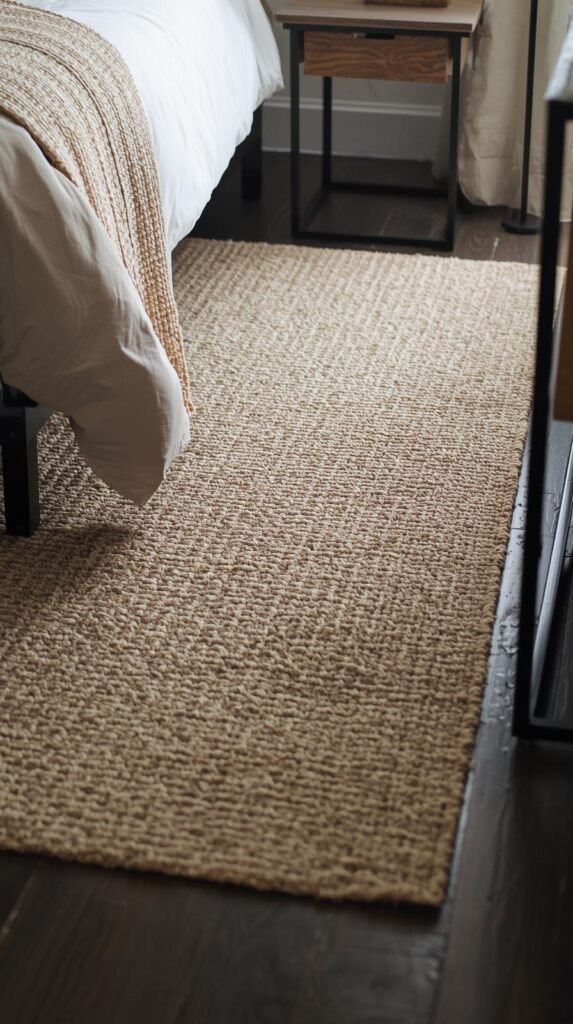 Modern bedroom scene with a textured neutral area rug partially tucked under the bed, adding warmth and definition.