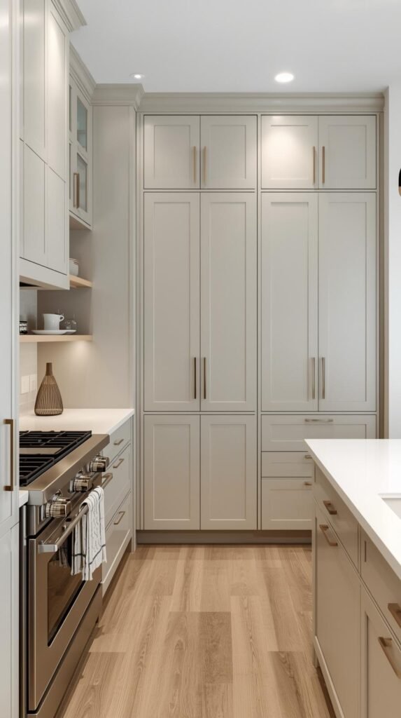 Modern boho kitchen with ceiling-height flat-panel cabinets, neutral color palette, integrated lighting, and a tall, streamlined look.