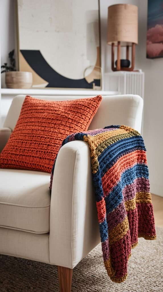Modern crochet decor styled intentionally, bold colorful crochet pillow or blanket draped over a chair.