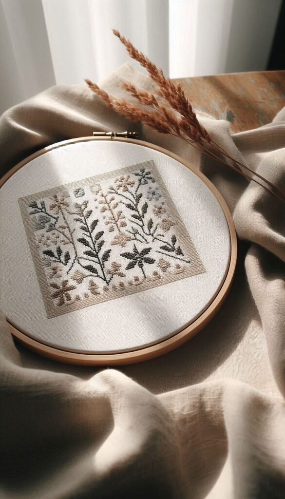 Modern cross stitch design on linen fabric, adult hands stitching clean geometric pattern.