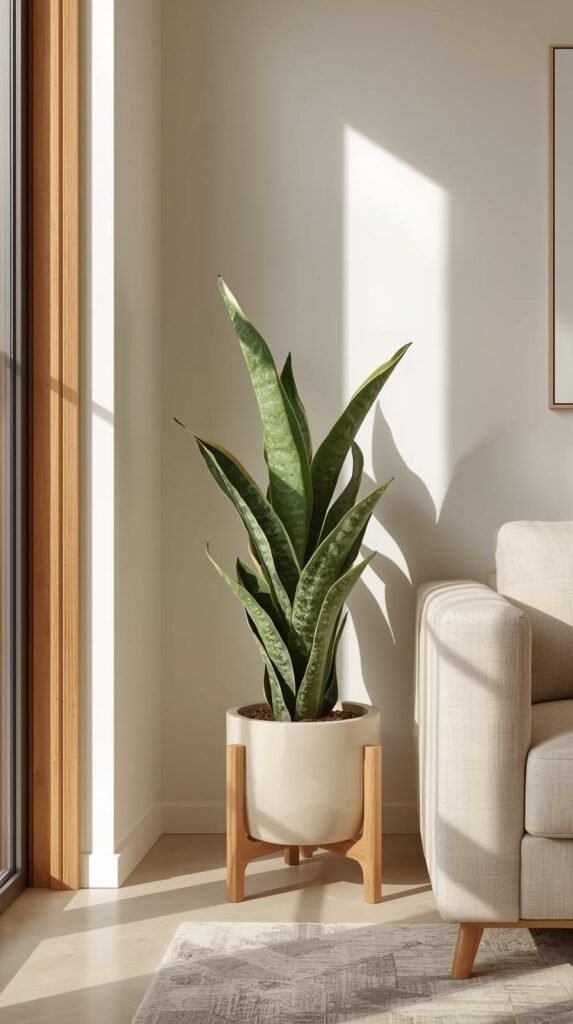 Modern living room corner with a tall snake plant in a matte ceramic floor planter. Neutral color palette with warm wood accents, soft daylight, minimal decor, clean lines. 