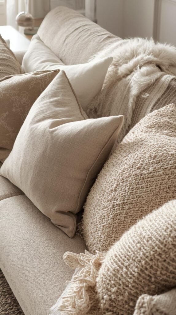 Modern living room sofa styled with elevated throw pillow covers in linen, bouclé, and woven cotton textures.