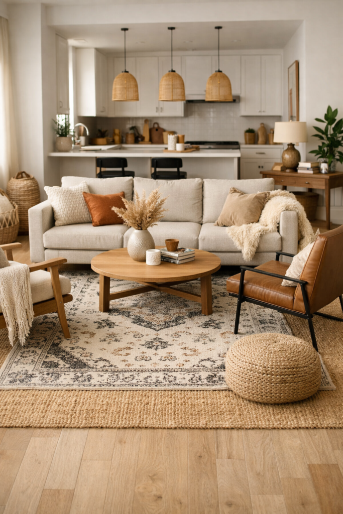 Modern stylish open-concept apartment living space with large jute area rug grounding seating area, slightly smaller patterned rug layered on top, sofa and chairs partially on rug, cozy textures