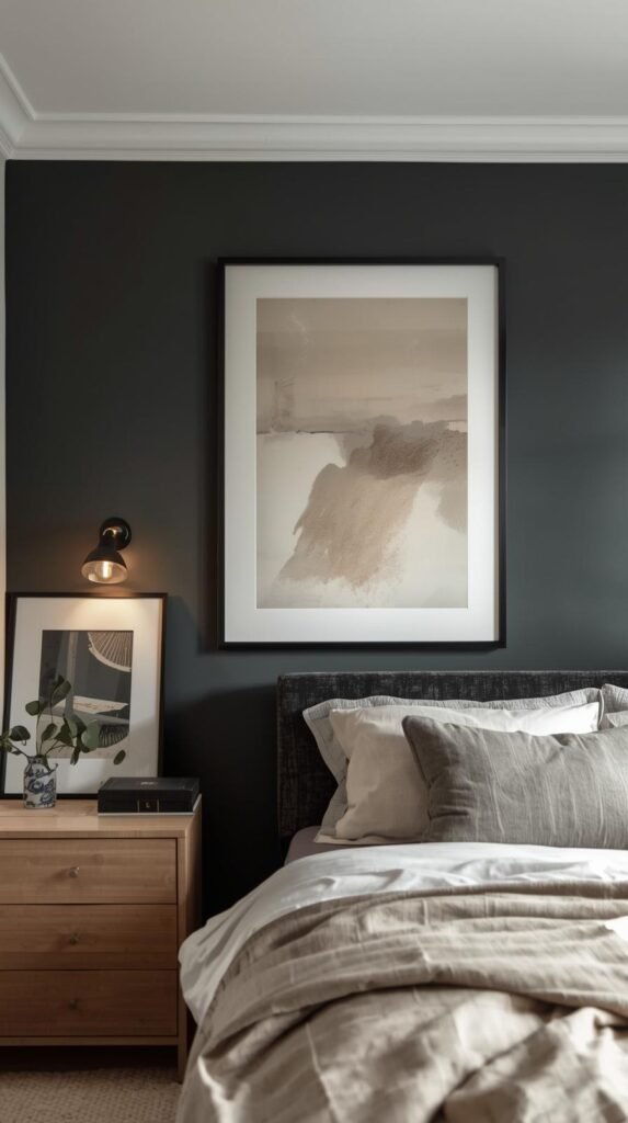 Moody bedroom wall with large-scale abstract art above the bed, black minimalist frame, neutral and earthy tones in the artwork. 