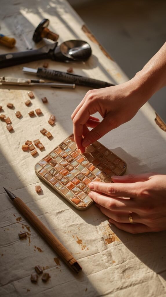 Mosaic crafting in progress, adult hands placing small glass tiles into a coaster design, neutral and earthy color palette, organized workspace.