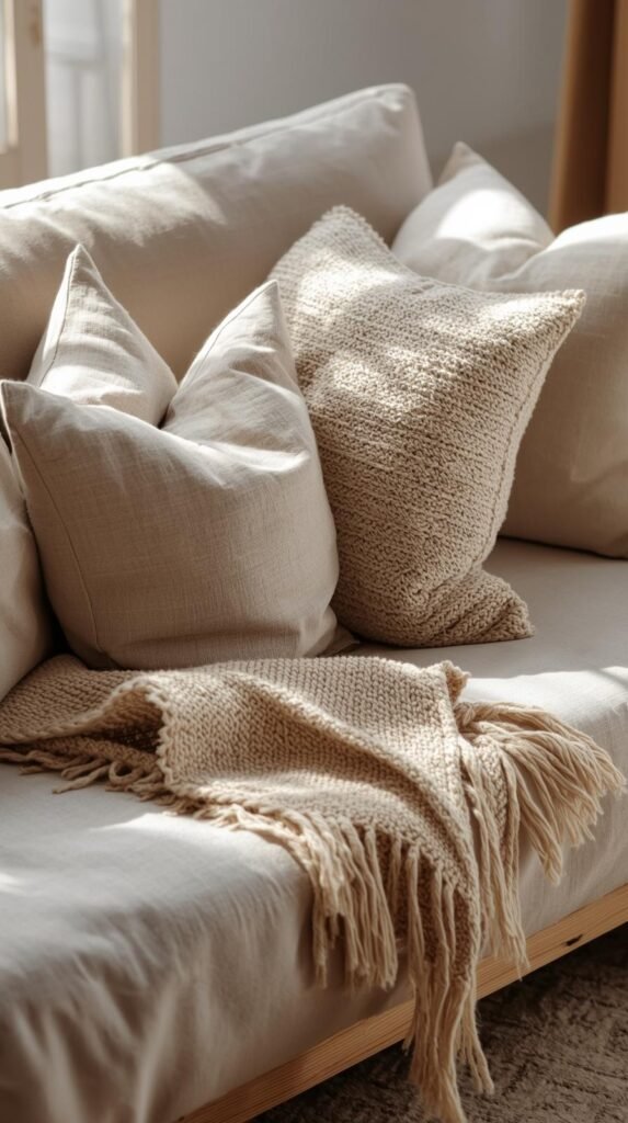 Neutral organic modern sofa layered with linen pillows, bouclé cushion, wool throw draped casually