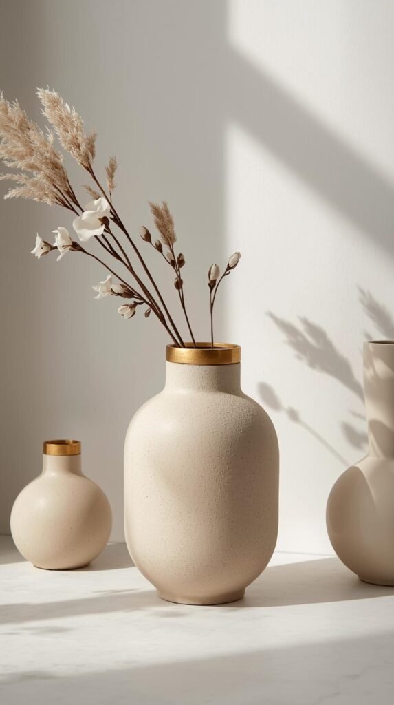 Neutral vase with subtle metallic gold or brass accent detail, minimalist modern styling, elegant understated shine.