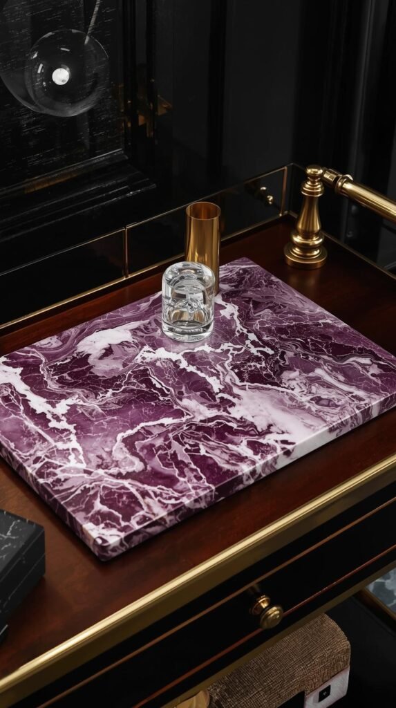 Old-money inspired interior featuring a Calacatta Viola marble tray with dramatic purple, burgundy, and white veining, styled on a bar cart.