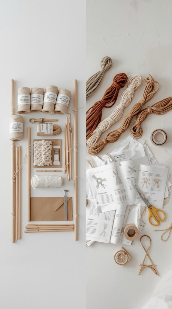 On one side, a complete macramé kit with labeled materials. On the other side, loose cords, pattern books, printed diagrams, and tools.