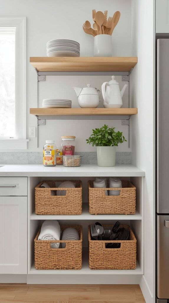 Open kitchen shelf with under-shelf baskets holding dish towels, coffee pods, or flatware.