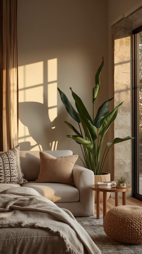 organic modern decor ideas -Serene organic modern interior at golden hour, warm sunlight casting soft shadows, layered neutrals, wood and stone textures, plants and cozy textiles