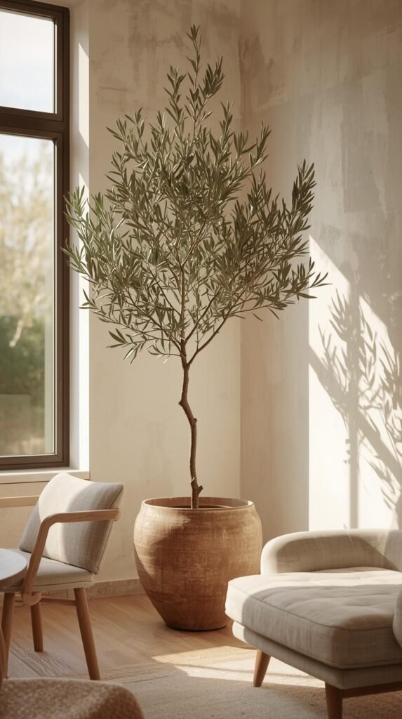 Organic modern interior with a single statement olive tree in textured clay planter, minimal furniture.