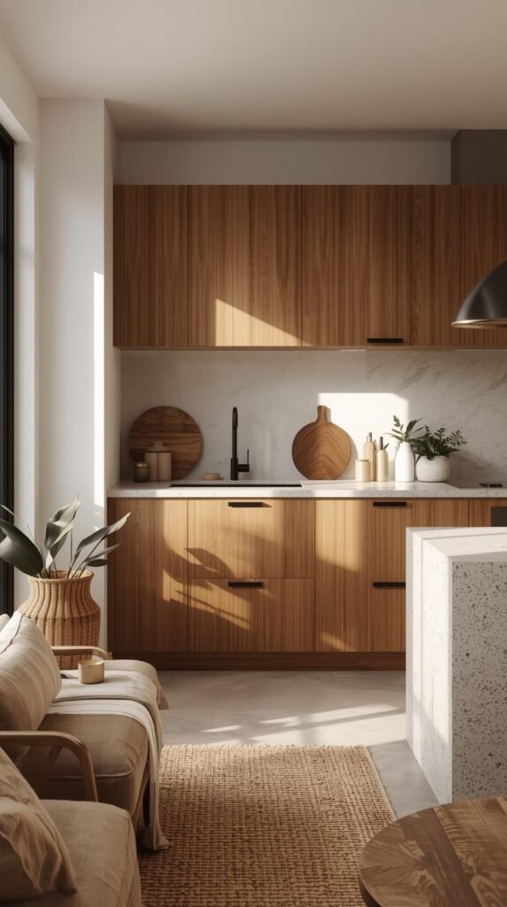 Organic modern kitchen or living area with subtle mixed metals, matte black hardware, brushed brass accents, warm wood cabinetry.