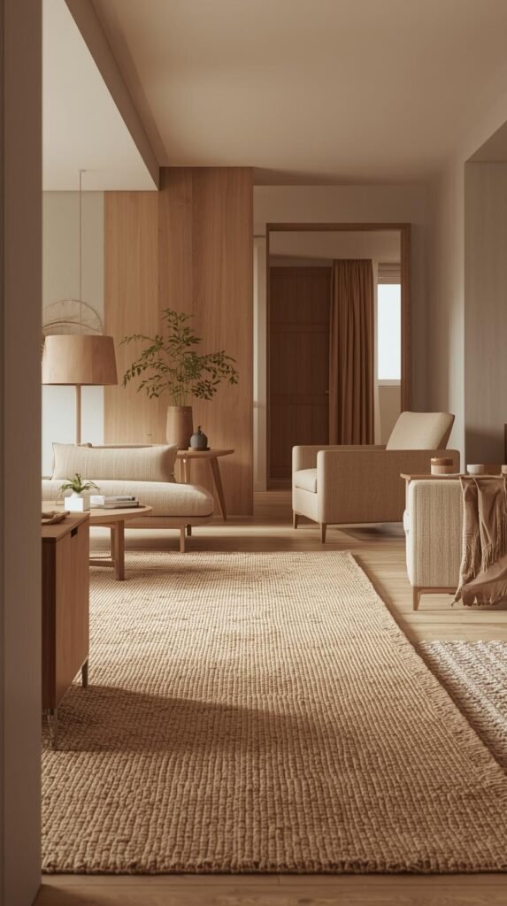 Organic modern living room anchored by large wool or jute rug, furniture partially resting on rug, warm wood tones, neutral palette, cozy grounded feel, balanced layout, high-end editorial interior photography, Pinterest-style
