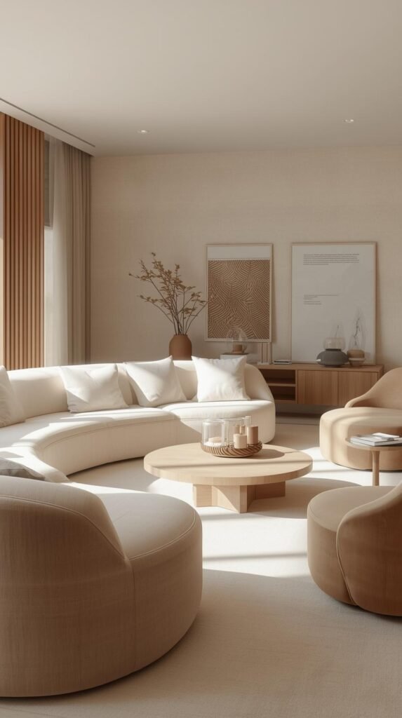 Organic modern living room featuring curved sofa, rounded coffee table, low-profile seating, soft neutral upholstery