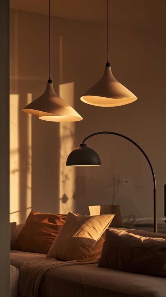 Organic modern living space featuring sculptural pendant lighting with soft curves, arched floor lamp with matte black finish.