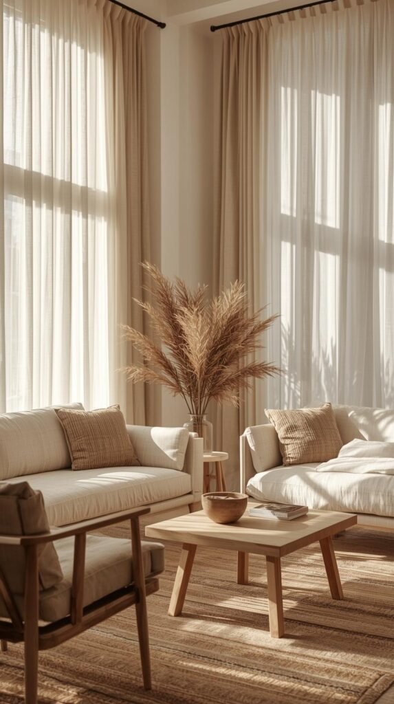Organic modern room with sheer linen curtains hung high and wide, sunlight filtering through fabric, neutral furnishings, soft shadows