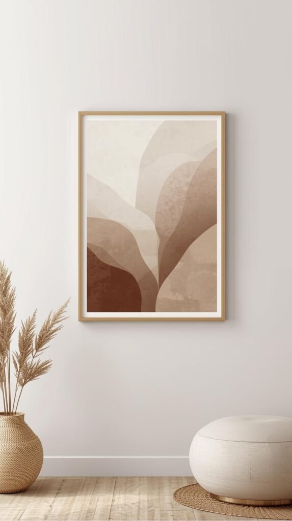 Organic modern wall art display featuring abstract artwork with soft organic shapes, muted earth tones.