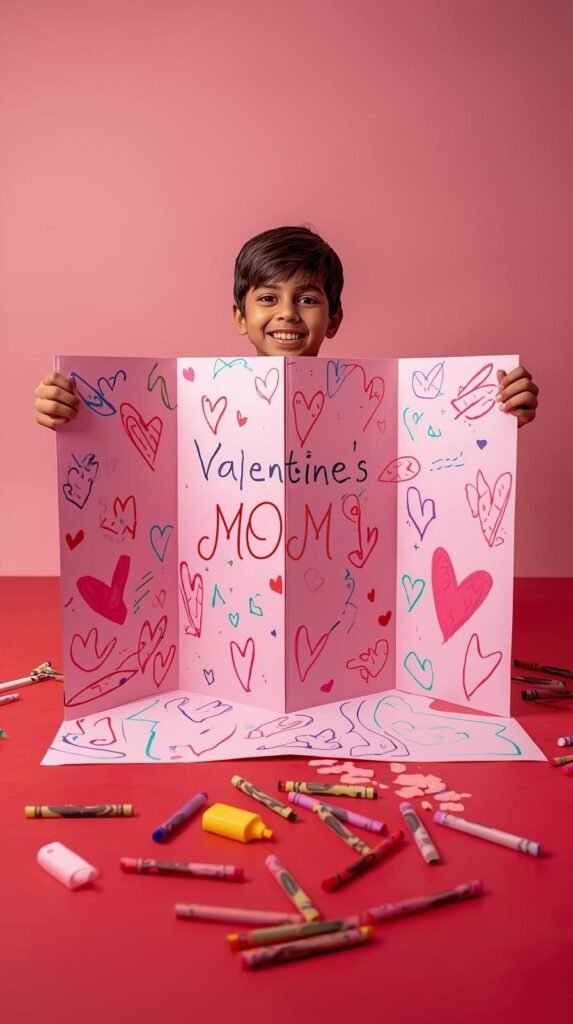 Oversized handmade Valentine card created by a child, large folded cardstock with scribbles, hearts, and imperfect handwriting.