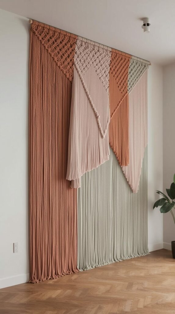 Oversized macramé wall installation filling a large wall. Sculptural design with layered cords, asymmetry, and intentional negative space. Color-blocked sections in muted boho tones.
