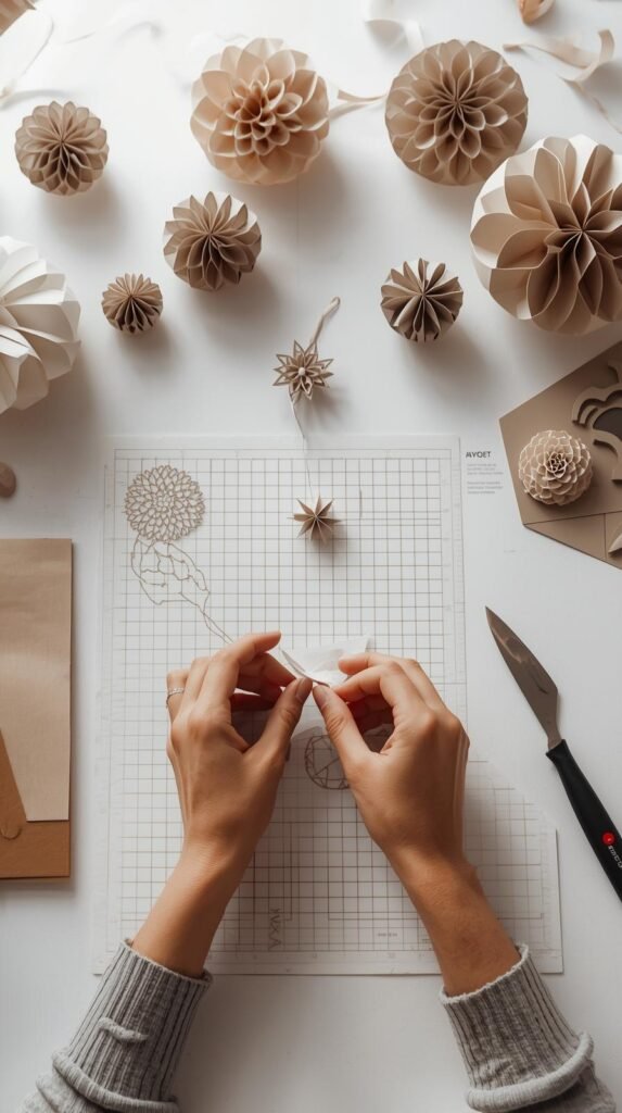 Paper craft workspace with adult hands assembling 3D paper decor, clean lines.