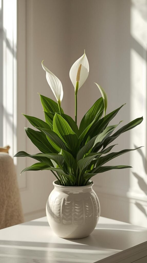 Peace lily placed in a ceramic planter inside a calm bedroom or home office. 