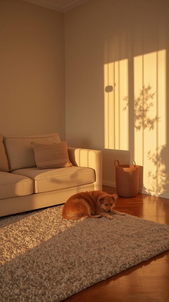 Peaceful living room at golden hour with warm sunlight, clean sofa, textured rug, wood floors, and a relaxed pet resting comfortably.