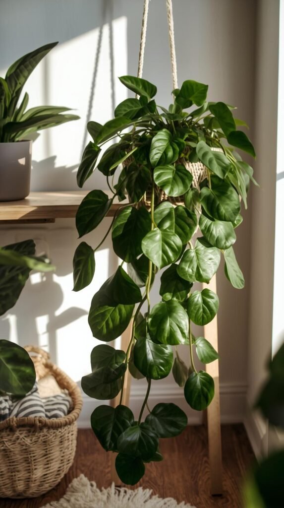 Philodendron plant with lush green leaves styled on a shelf or in a hanging planter. Medium light, cozy modern interior with layered textures.