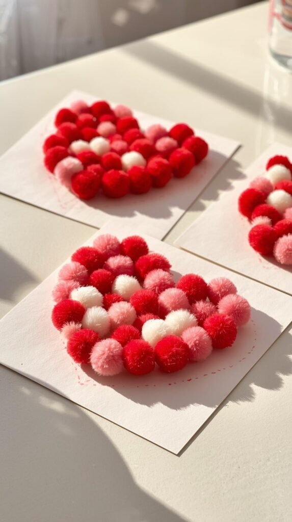 Pom-pom heart art craft for toddlers, fuzzy pom-poms glued inside heart outlines on cardstock.