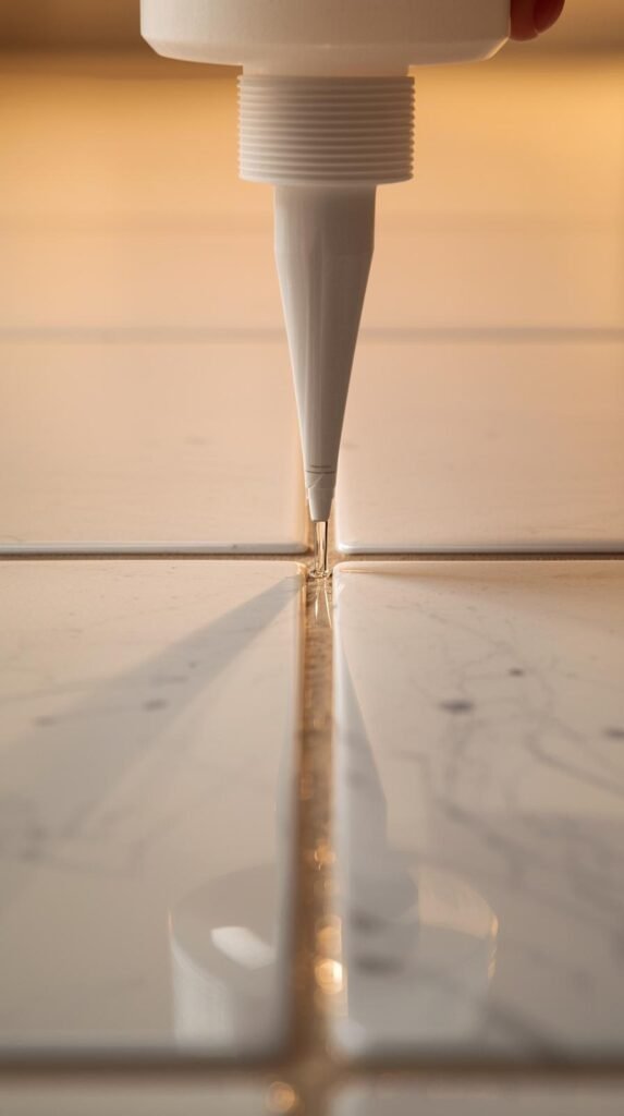 Precision close-up of grout sealer being applied directly on the grout line with a narrow applicator bottle. Clean grout lines in sharp focus, glossy tile surface, controlled application motion, warm indoor lighting, modern DIY maintenance aesthetic, high-resolution clarity, editorial composition, 9:16 format.