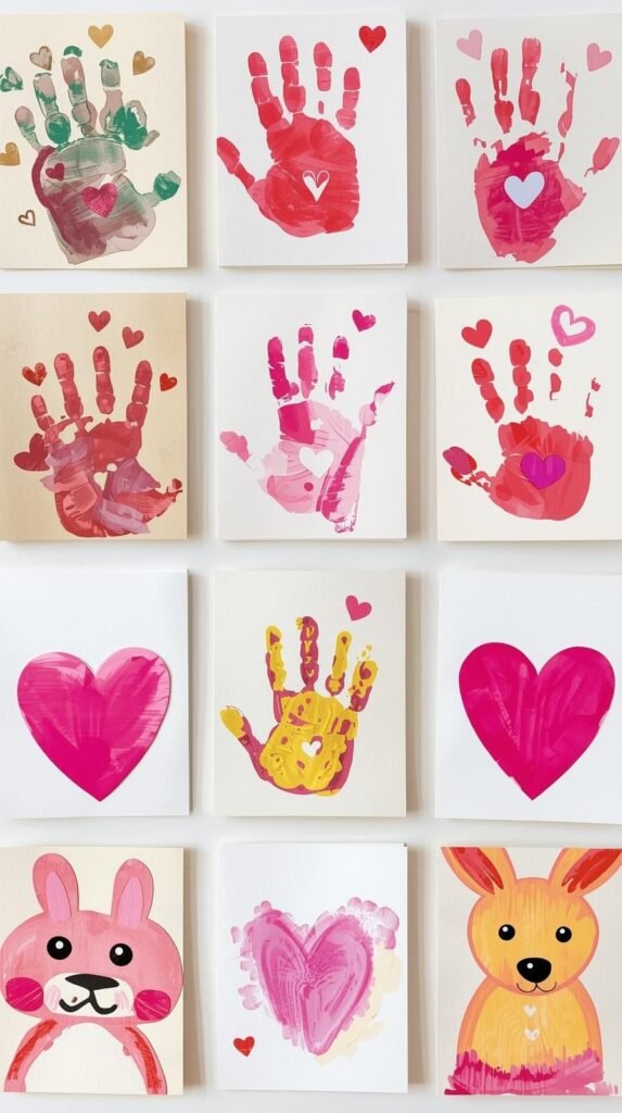 Preschool Valentine handprint cards laid out neatly, painted handprints forming hearts and animals, cardstock folded cards.