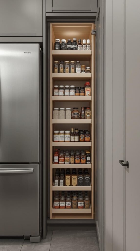 Pull-out pantry cabinet between refrigerator and wall, fully extended to show neatly organized spices, oils, and jars in uniform containers.