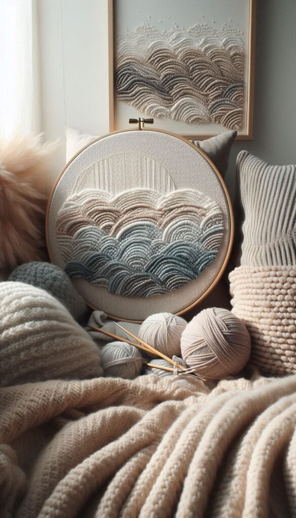 Punch needle project in progress, textured yarn design in neutral tones.