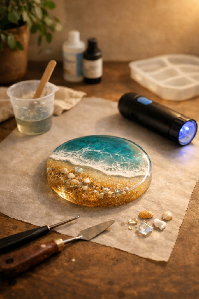 Quiet resin crafting moment showing a finished resin piece curing on a protected table, tools nearby.