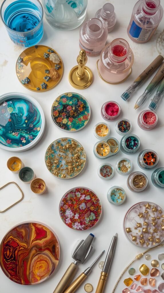 Resin art workspace with adult hands pouring resin into coaster molds, neutral pigments and gold accents, organized tools.