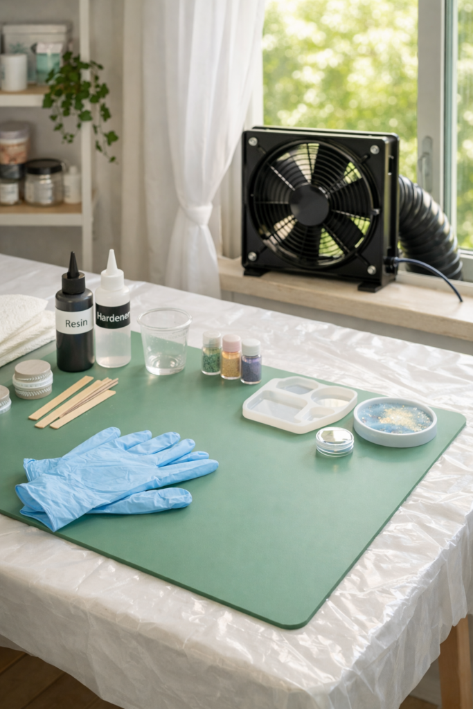 Resin crafting safety setup showing gloves, protective mat, ventilation fan near window.