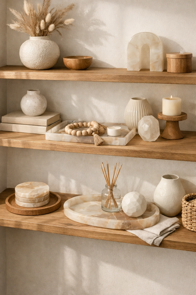 Resin home decor accents styled on open shelving, neutral resin trays and coasters paired with wood, ceramic, and linen textures, modern calm interior, soft shadows, elevated decor aesthetic, high-end editorial photography, Pinterest-style, 916 vertical format