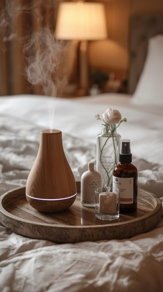 Romantic hotel room vignette featuring an essential oil diffuser, linen spray bottle, subtle Valentine’s decor on a tray.