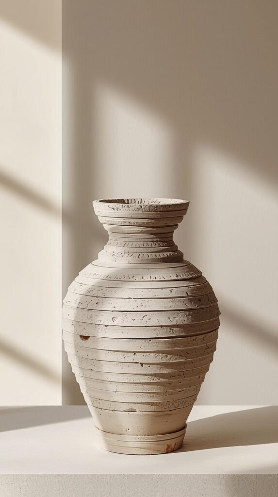 Sculptural plaster-style vase with layered organic texture, minimalist neutral color palette.
