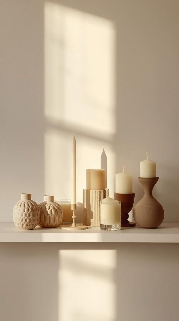 Shelf or table styling with neutral candles in ceramic or glass vessels. Grouped in odd numbers, calm and cozy aesthetic. Warm lighting.