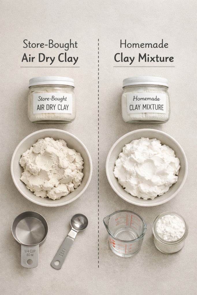 Side-by-side comparison scene of store-bought air dry clay and homemade clay mixture, bowls of clay with slightly different textures, labeled jars, measuring cups nearby