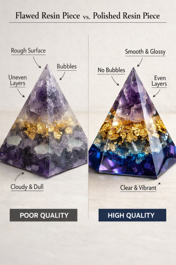 Side-by-side comparison showing flawed resin piece versus corrected polished resin piece.