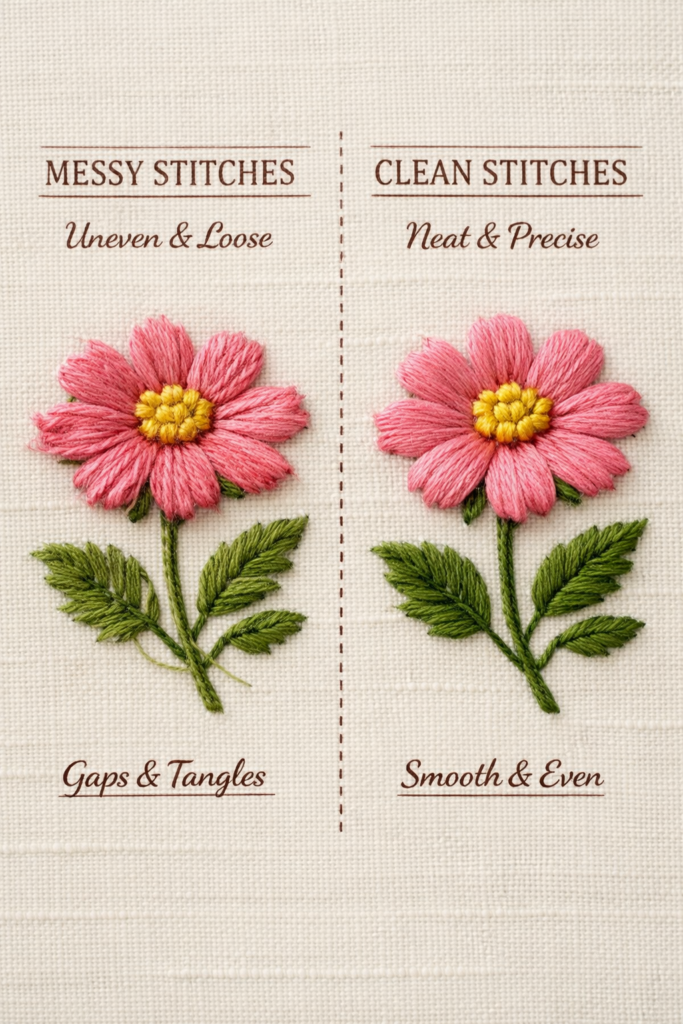 Side-by-side embroidery comparison showing slightly messy stitches versus cleaner stitches, same fabric and thread colors.