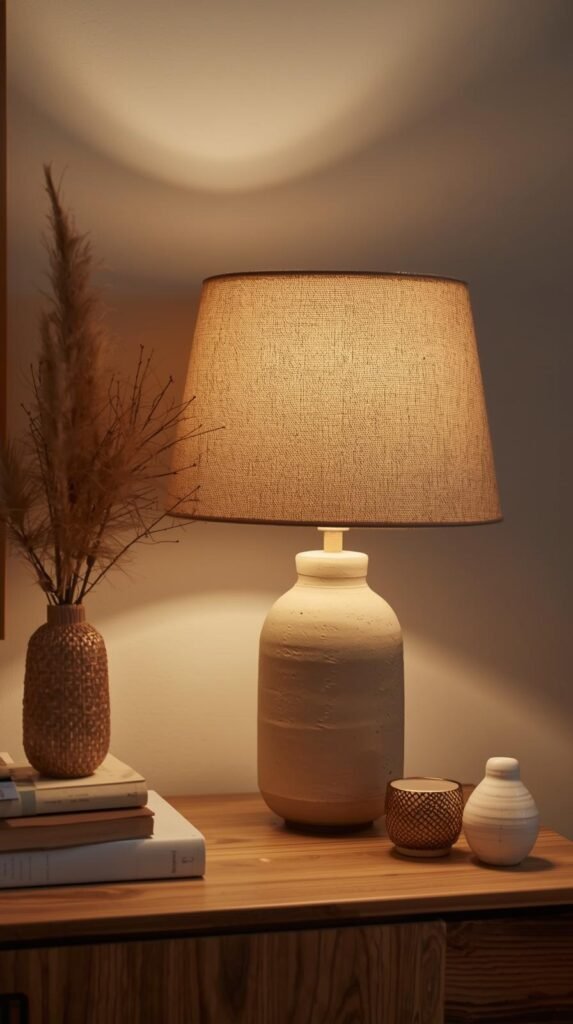 Side table vignette with a small modern table lamp casting warm ambient light. Ceramic base with fabric shade, styled next to books and minimal decor.