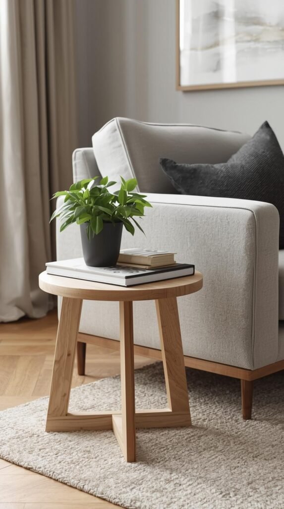 Small accent furniture piece such as a minimalist side table or stool styled next to a sofa or chair. Neutral finish, compact scale.